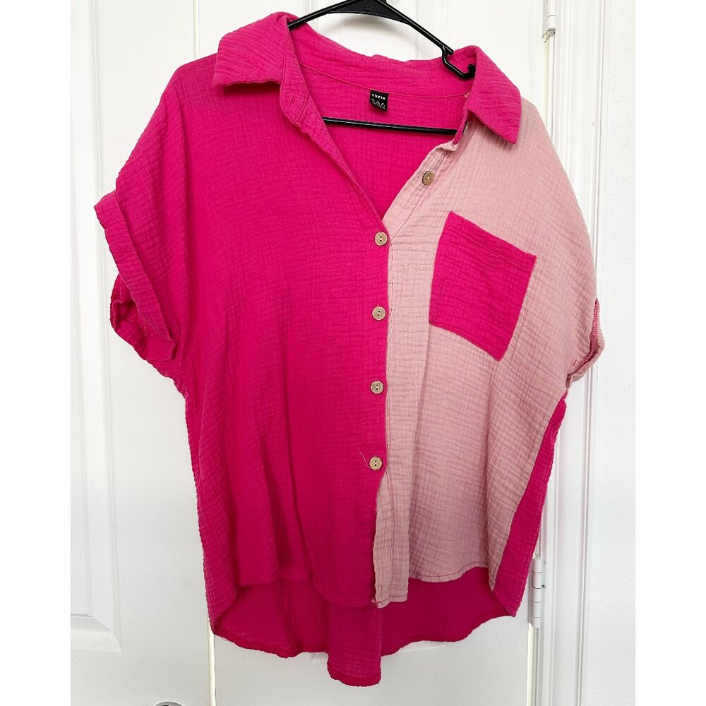 ColorBlocked Pink Shein Button Down Shirt